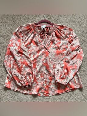 Evereve Keira Smocked Neck Floral Satin Blouse Preppy Old Money Cottage Size M